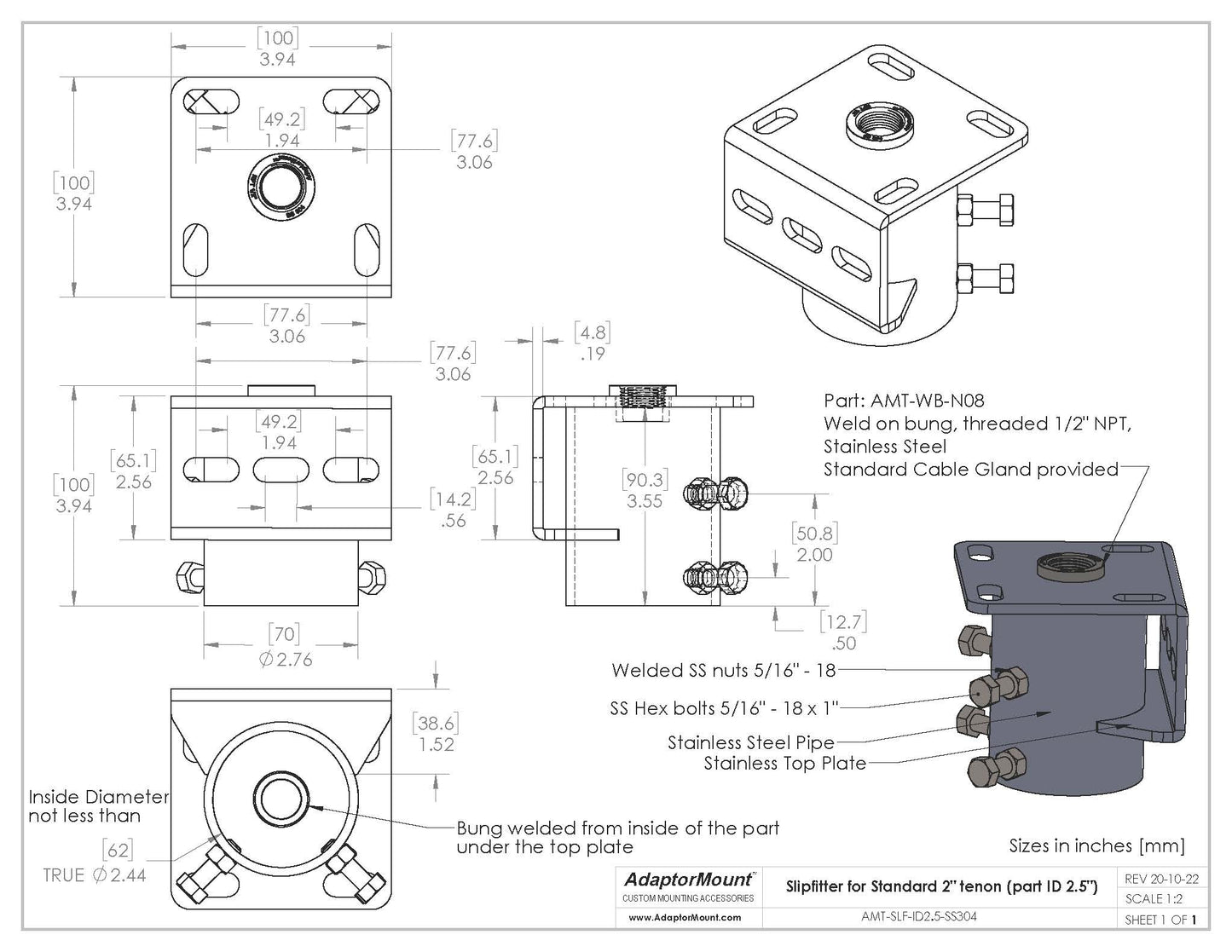 Stainless Steel Slipfitter Adaptor Mounting Bracket (ID 2.5") for Round Pole (up to OD 2 3/8")