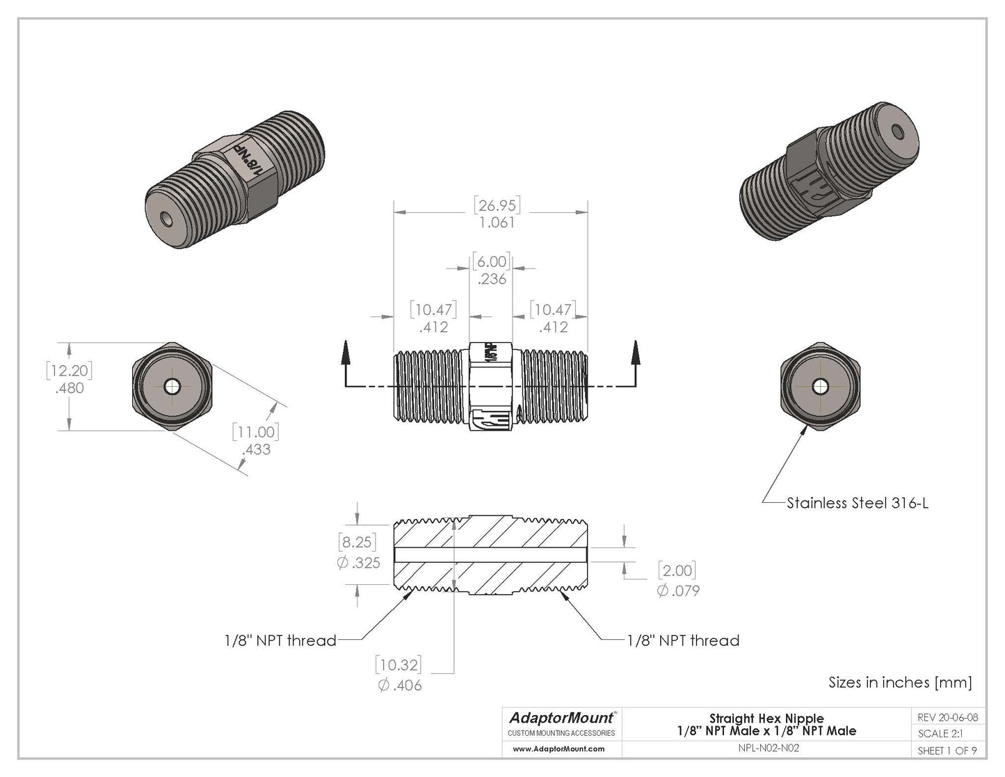 NPL-N02-N02 Straight Nipple (NPT 1/8" - NPT 1/8")