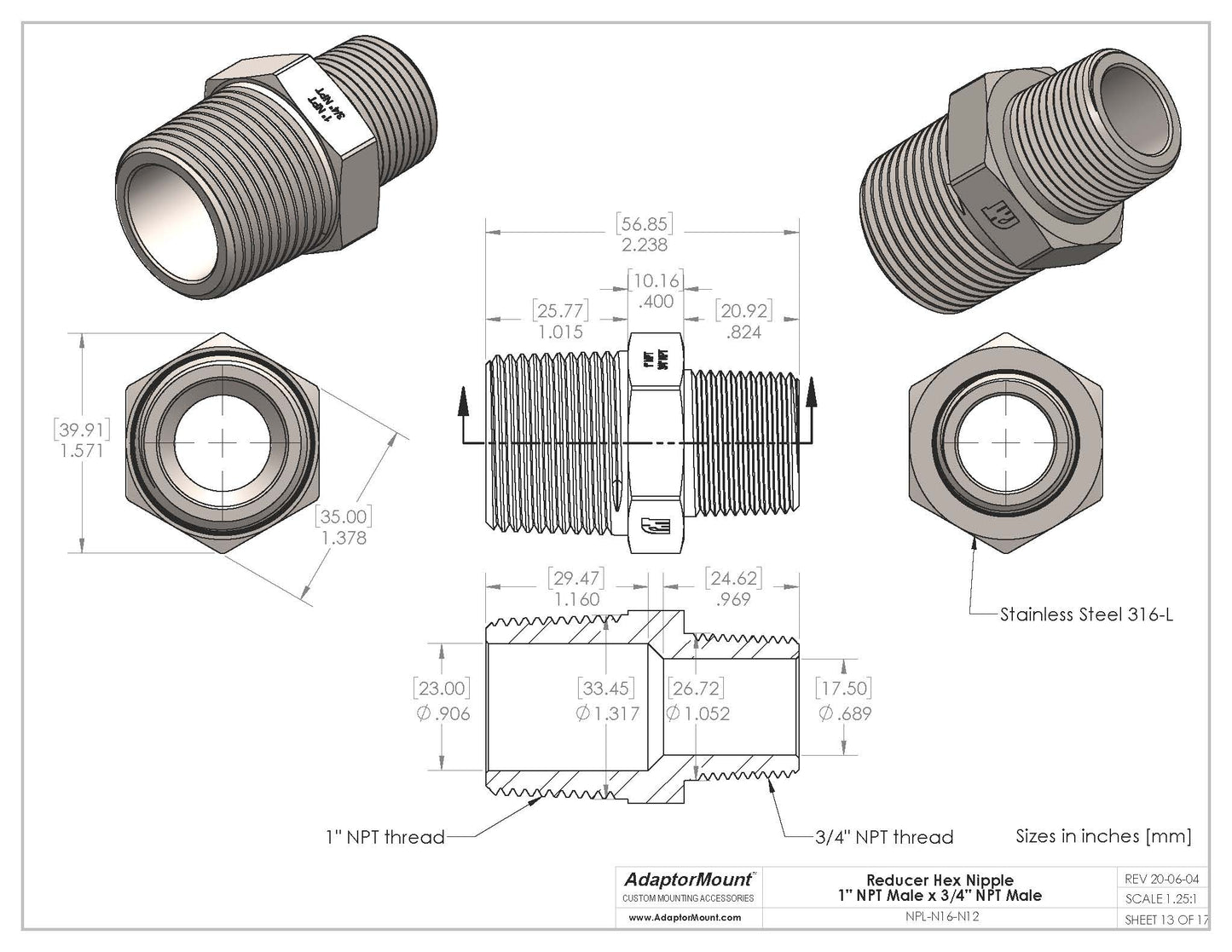 NPL-N16-N12 Reducer Nipple (NPT 1" - NPT 3/4")