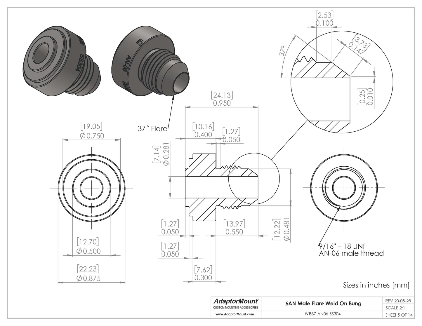 WB37-AN06 Male Flare Weld On Bung JIC-6 (9/16"-18)