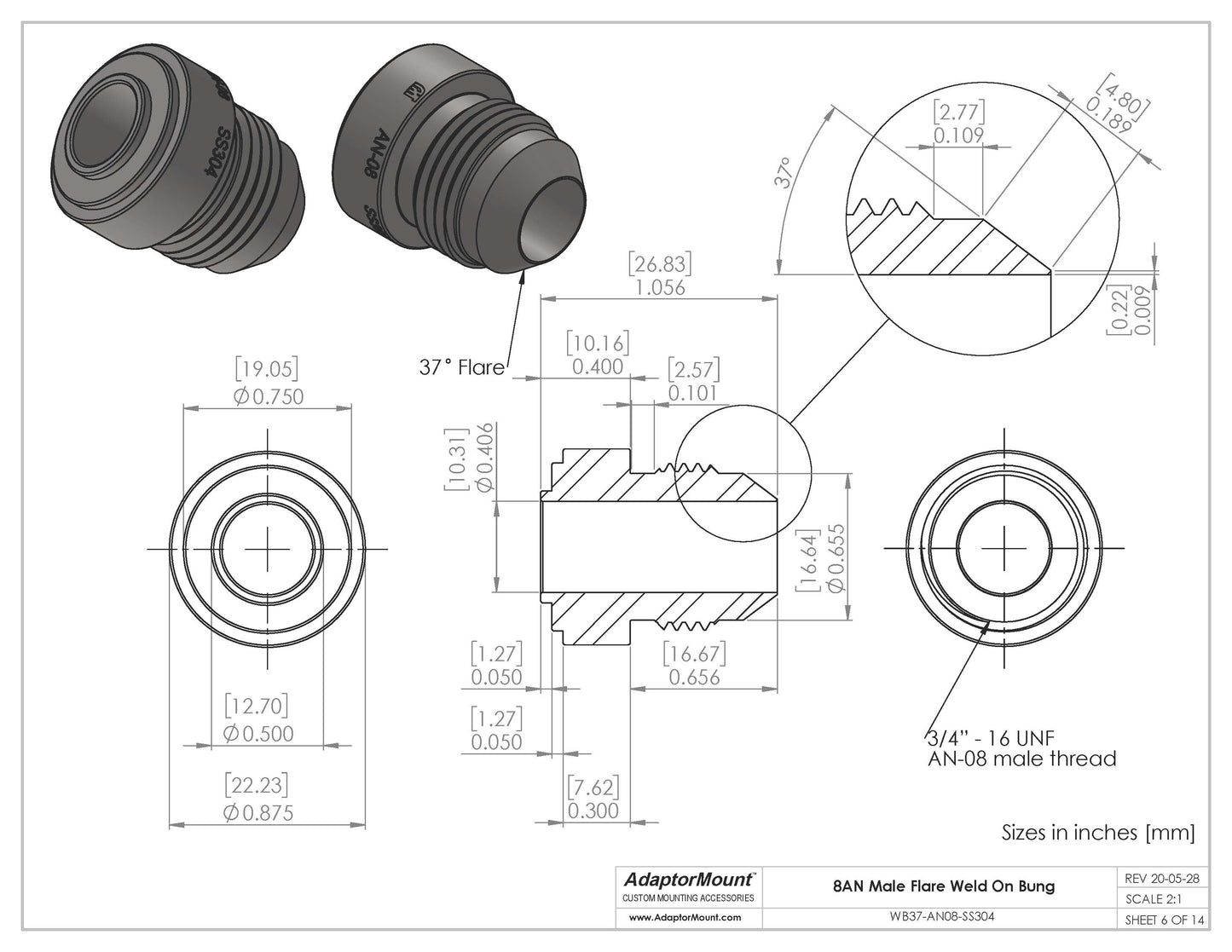 WB37-AN08 Male Flare Weld On Bung JIC-8 (3/4"-16)