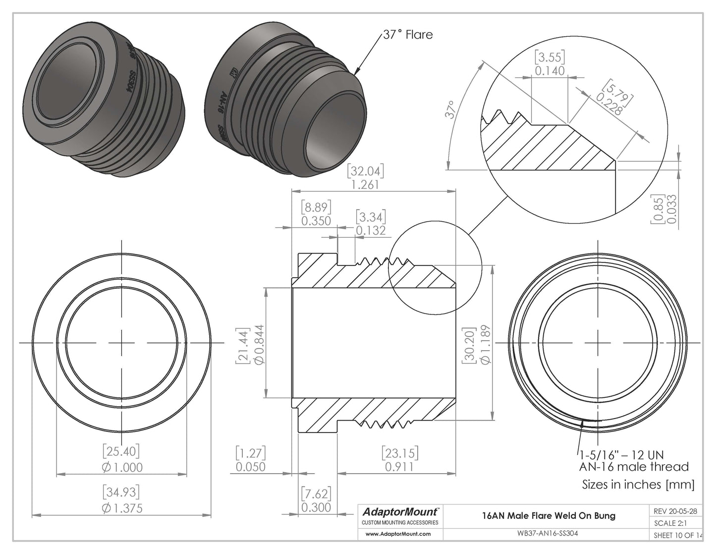 WB37-AN16 Male Flare Weld On Bung JIC-16 (1-5/16"-12)