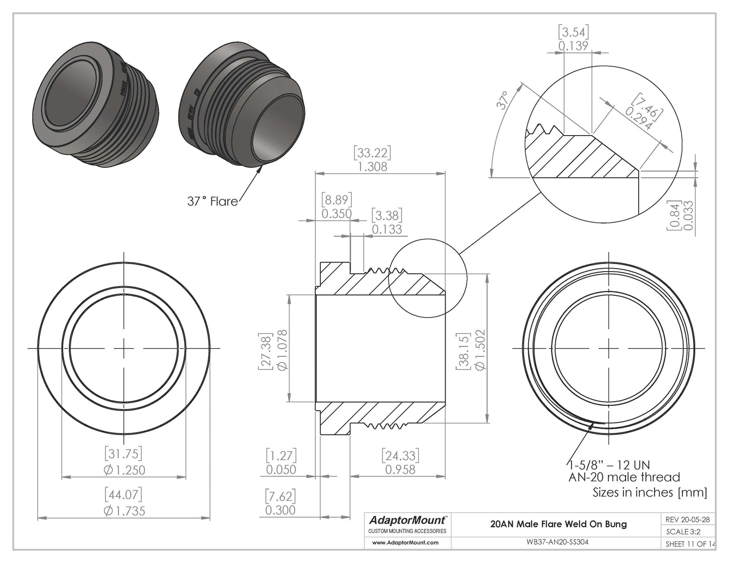 WB37-AN20 Male Flare Weld On Bung JIC-20 (1-5/8"-12)