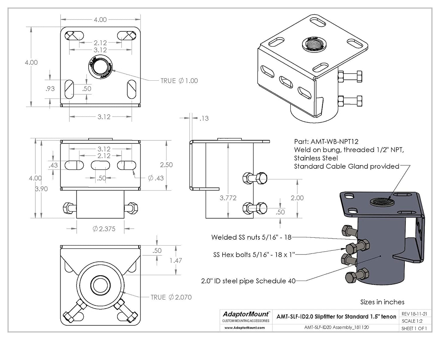 Slipfitter Adapter Mounting Bracket (ID 2.0") for Round Pole (up to OD 1 7/8")