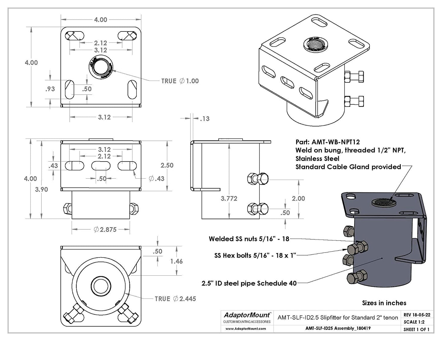 Slipfitter Adaptor Mounting Bracket (ID 2.5") for Round Pole (up to OD 2 3/8")