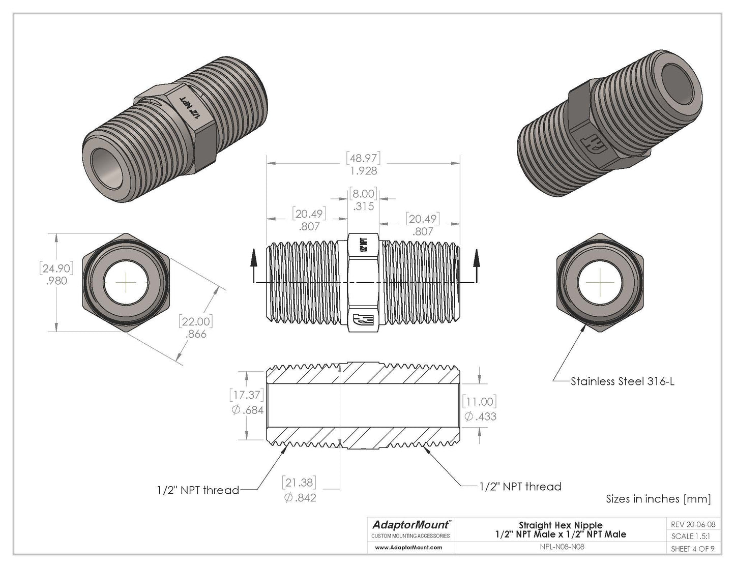 NPL-N08-N08 Straight Nipple (NPT 1/2" - NPT 1/2")