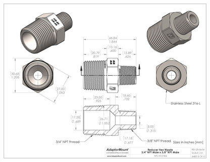 NPL-N12-N06 Reducer Nipple (NPT 3/4" - NPT 3/8")