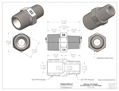 NPL-N12-N08 Reducer Nipple (NPT 3/4" - NPT 1/2")