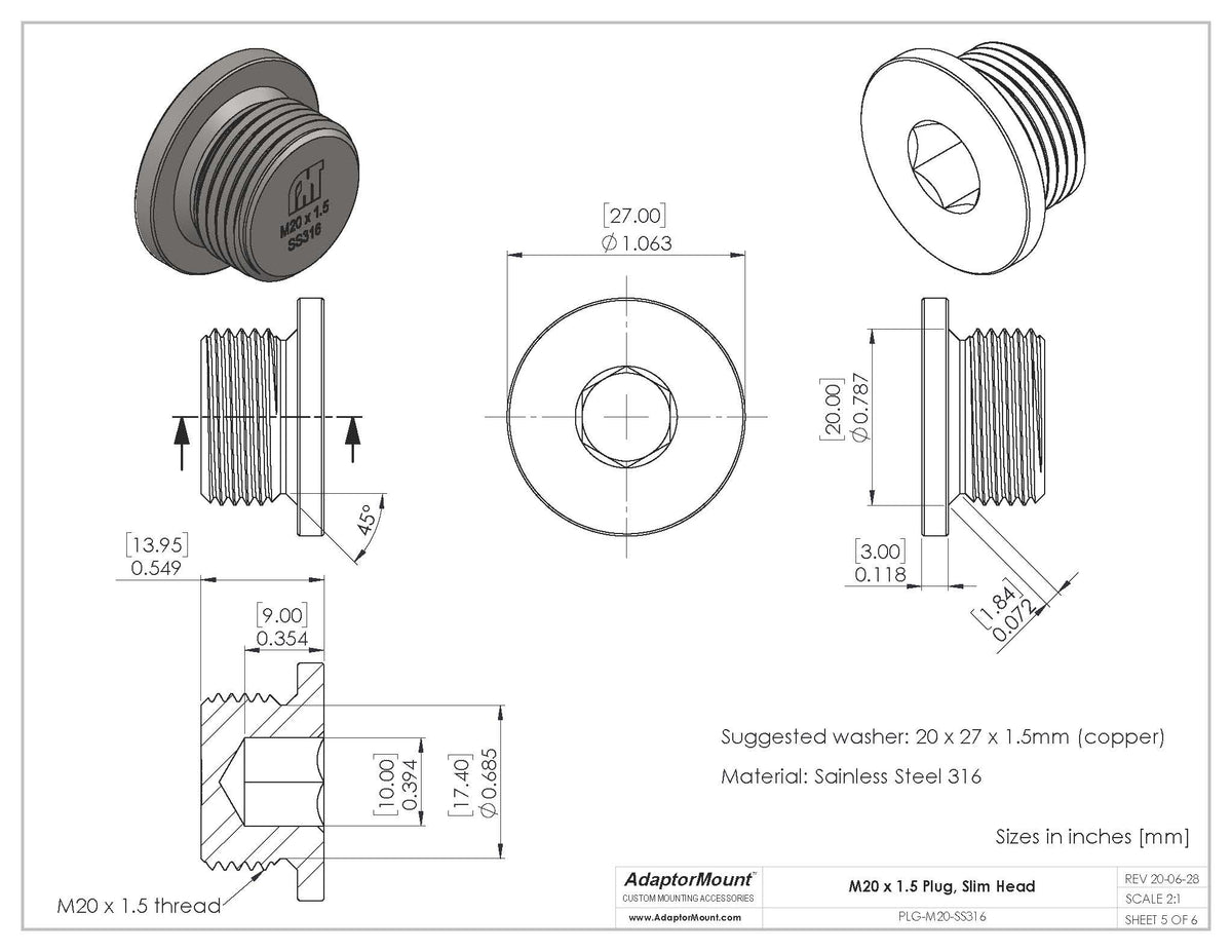 M20 Allen Key M20 x 1.5 SS316 Allen Key Plug with Copper Washer | PLG-M20 – BDS ...