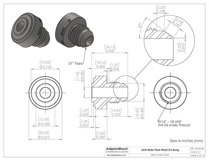 WB37-AN06 Male Flare Weld On Bung JIC-6 (9/16"-18)
