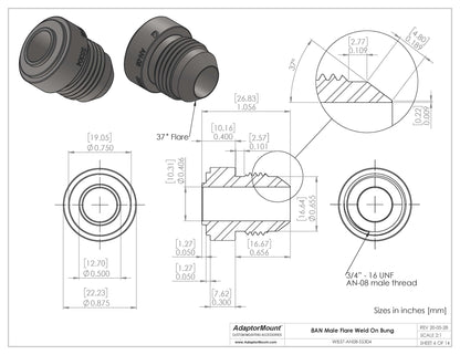 WB37-AN08 Male Flare Weld On Bung JIC-8 (3/4"-16)