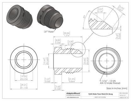WB37-AN12 Male Flare Weld On Bung JIC-12 (1-1/16"-12)