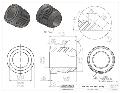 WB37-AN14 Male Flare Weld On Bung JIC-14 (1-3/16"-12)