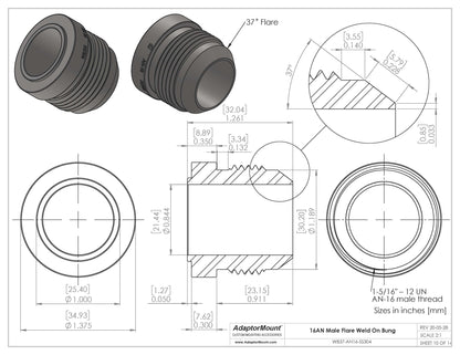 WB37-AN16 Male Flare Weld On Bung JIC-16 (1-5/16"-12)